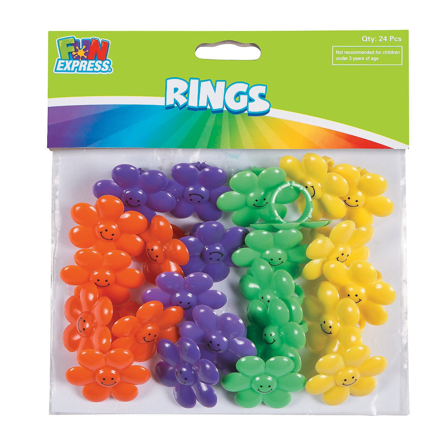 Plastic Smile Face Flower Rings (Pack of 24)