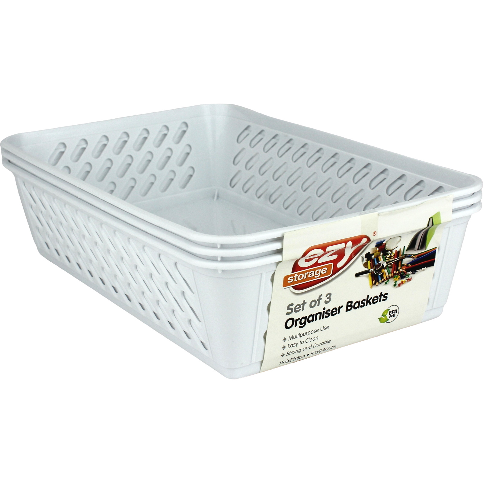 White Organiser Baskets 24cm x 15.5cm (Pack of 3)