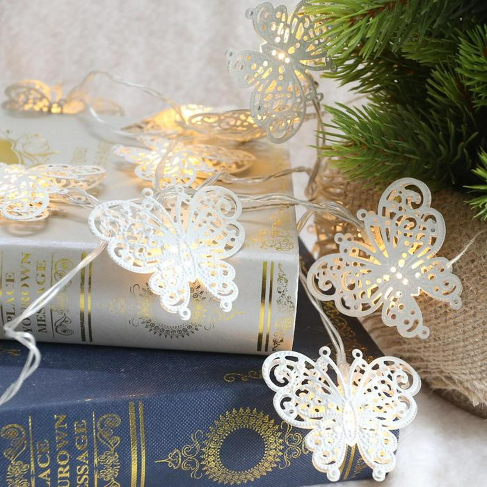 White Metal Butterfly LED Light Chain