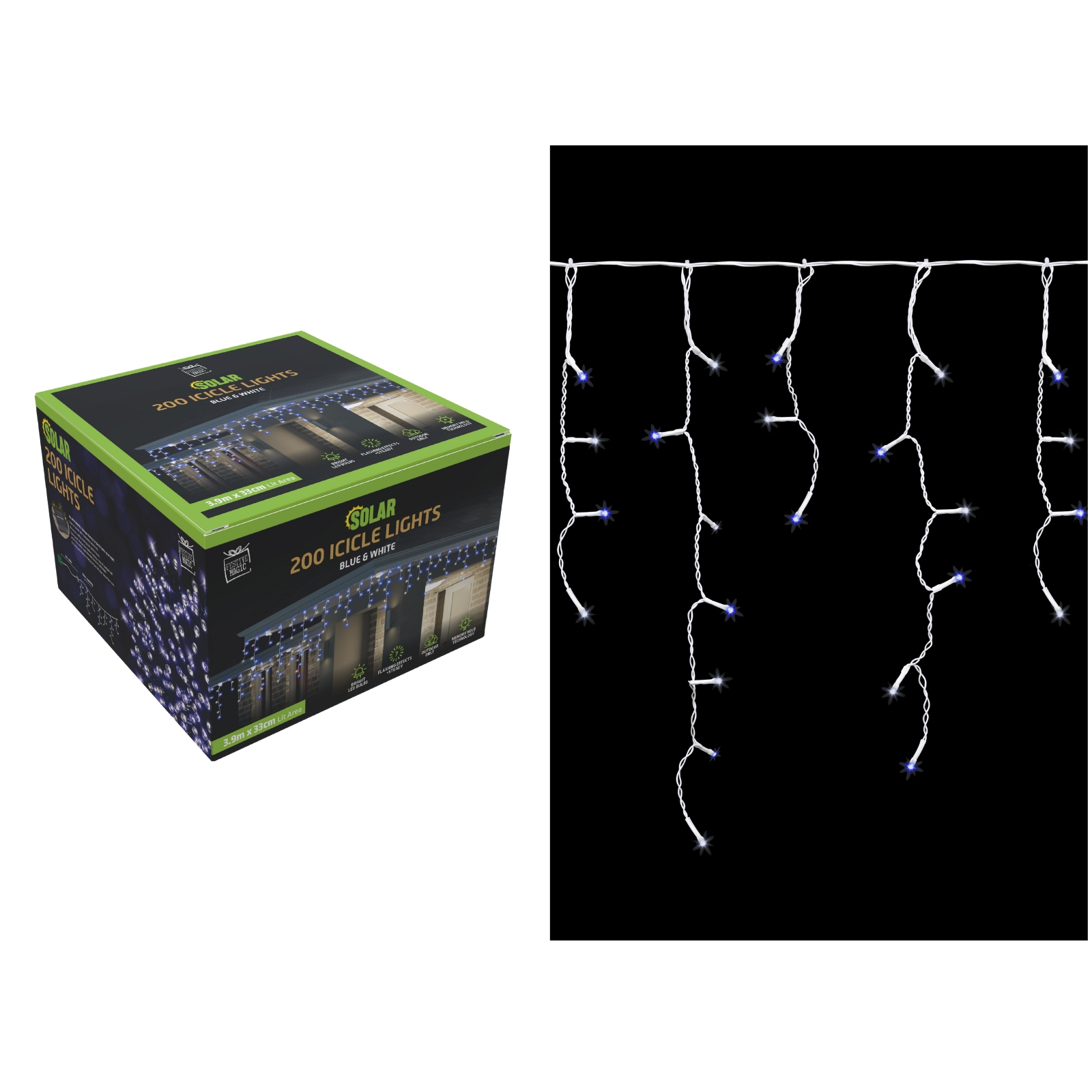 200 Blue and White Icicle Solar Lights 3.9m 