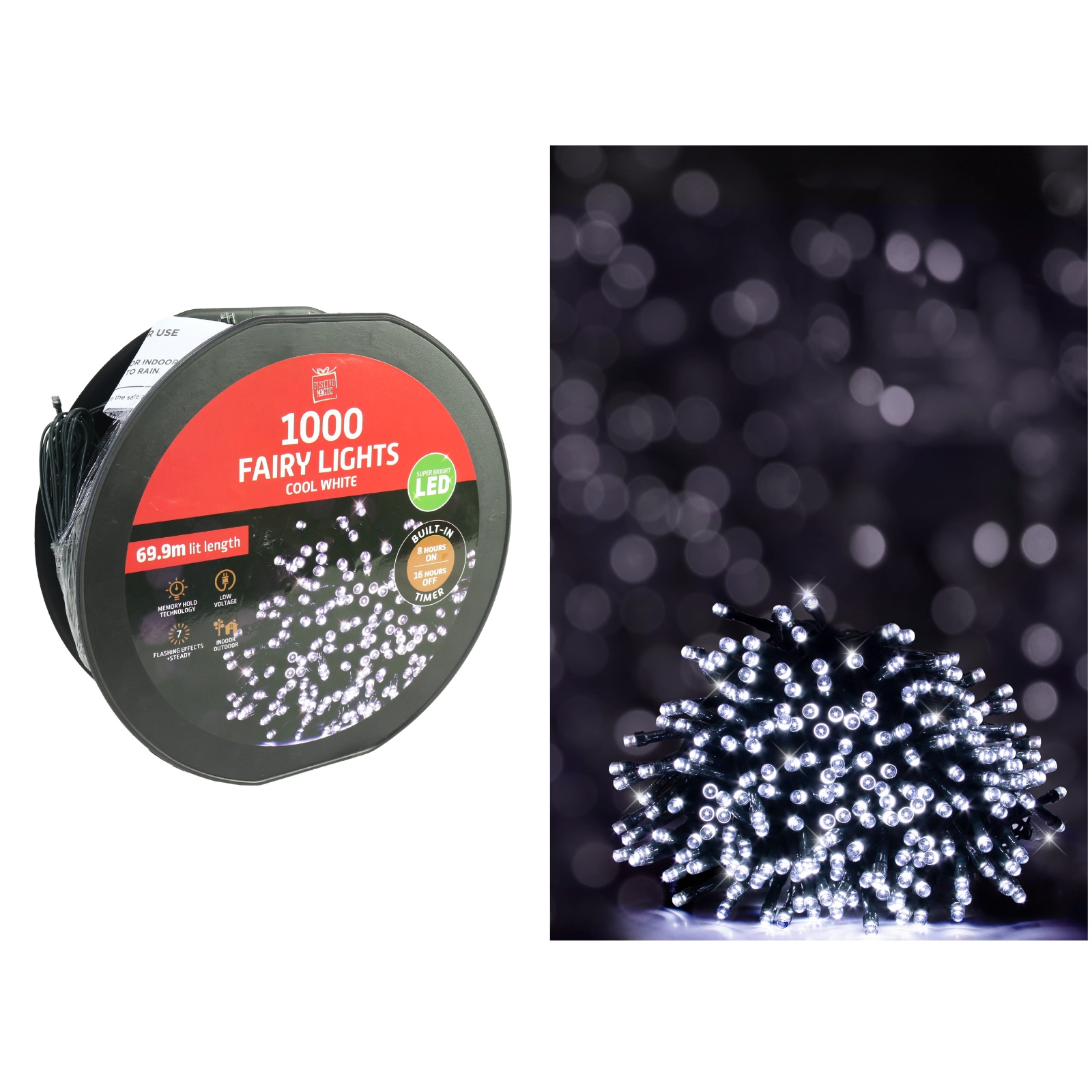 1000 Cool White LED 7 Function Fairy Lights 69.9m