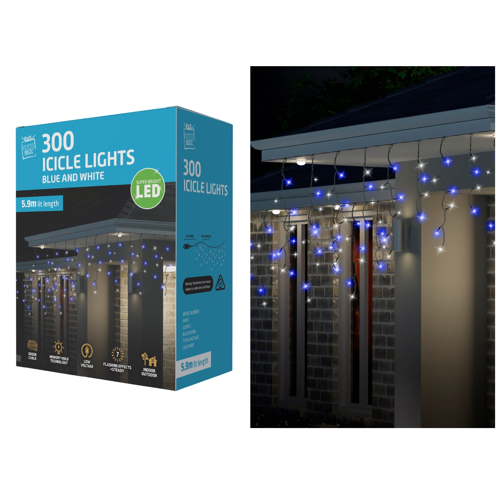 300 Cool White and Blue LED Icicle Lights 5.9m