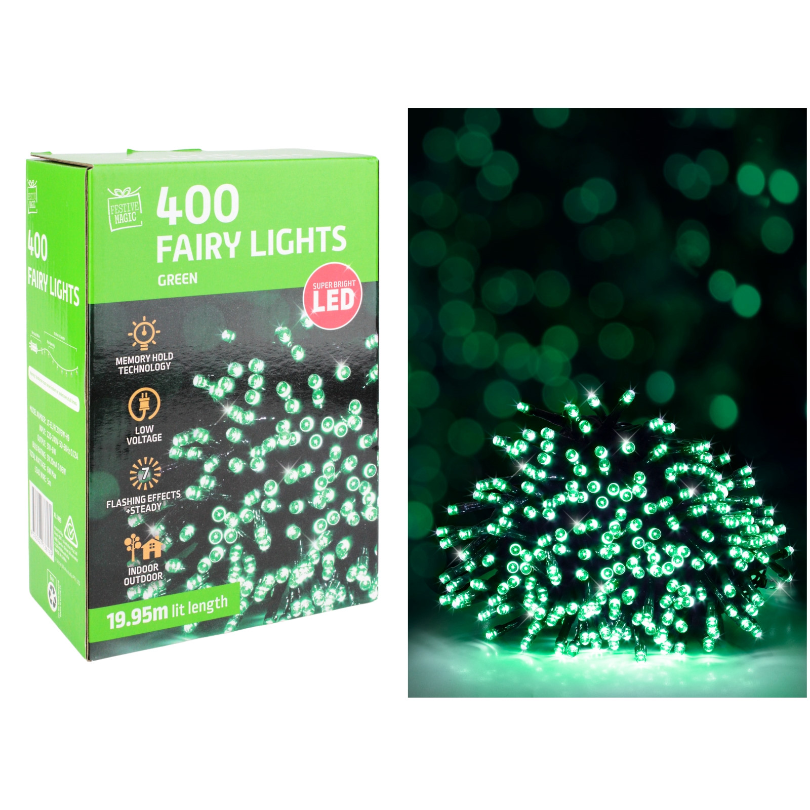 400 Green LED 7 Function Fairy Lights 19.95m 