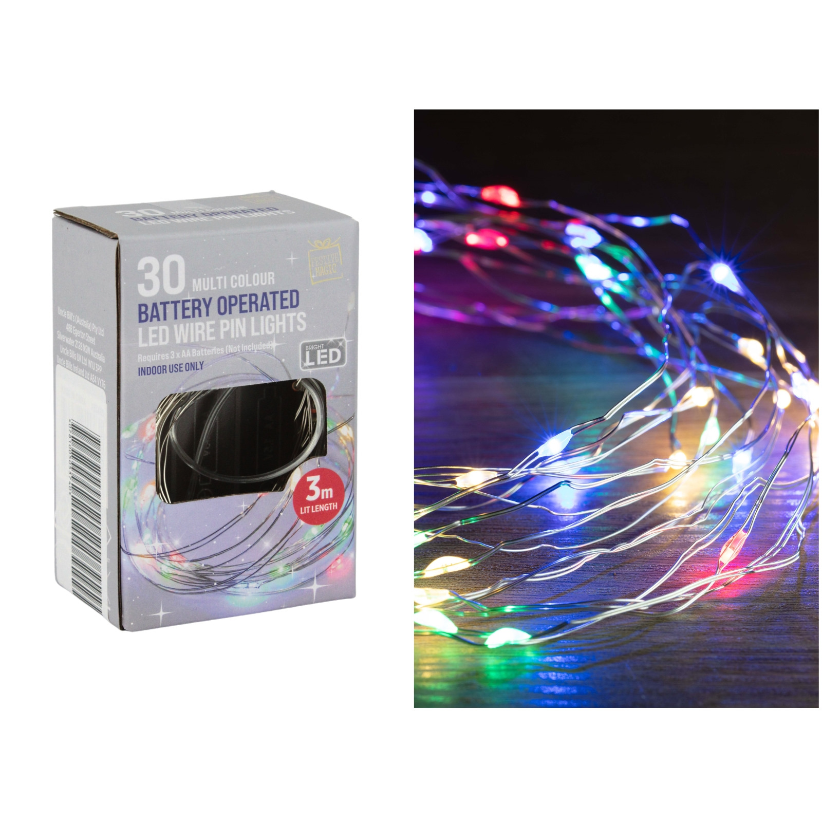 30 Multicolour Battery Operated LED Wire Pin String Lights 3m 