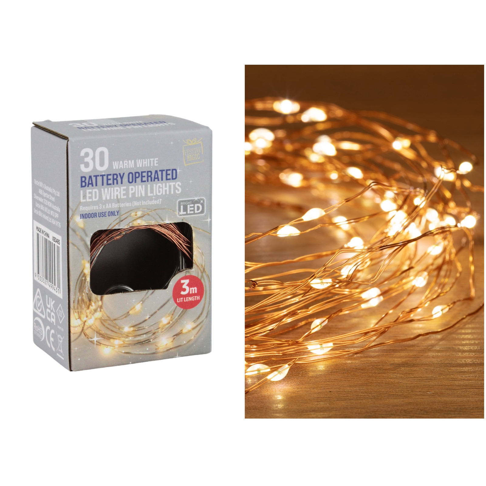 30 Warm White Battery Operated LED Wire Pin String Lights 3m