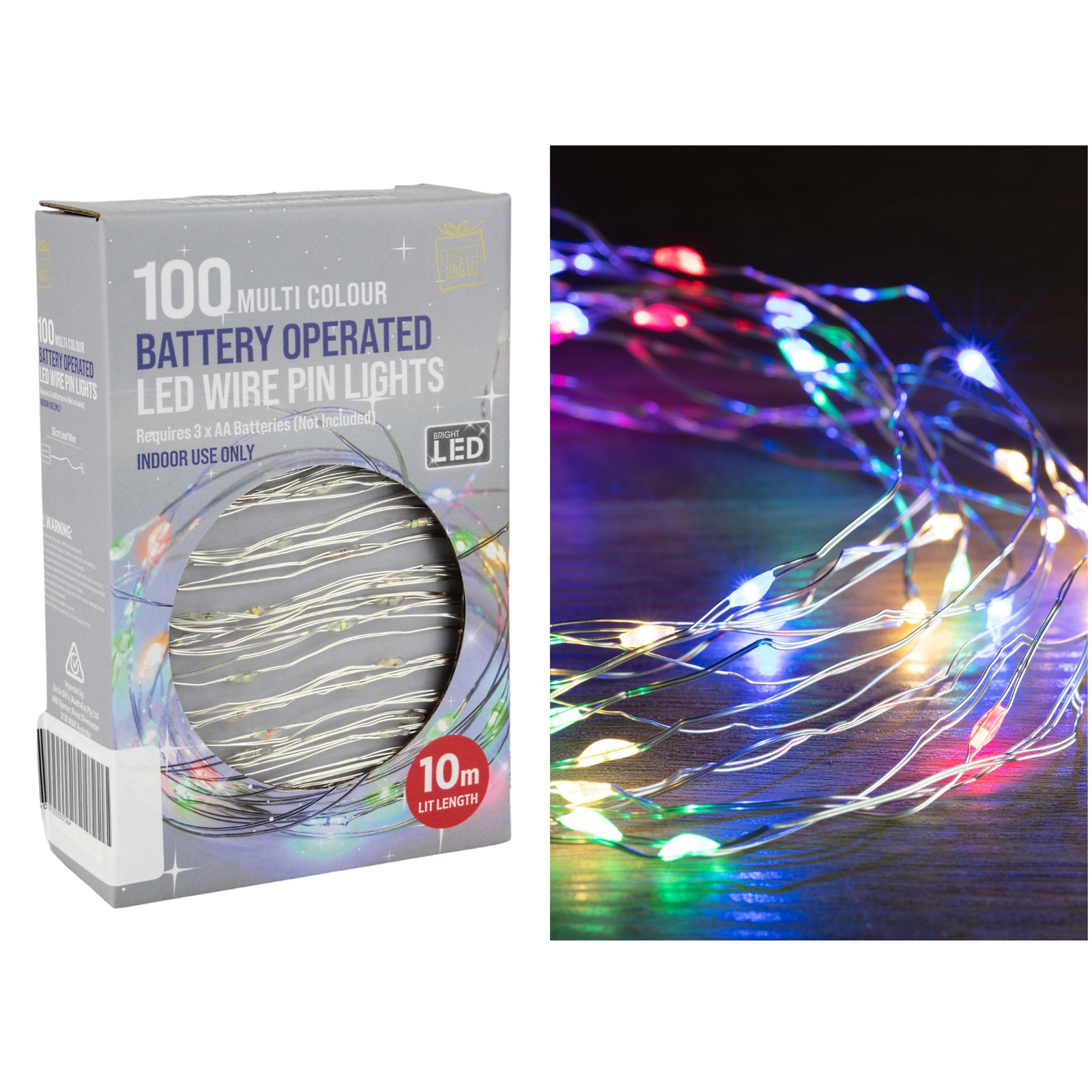 100 Multicolour Battery Operated LED Wire Pin String Lights 10m