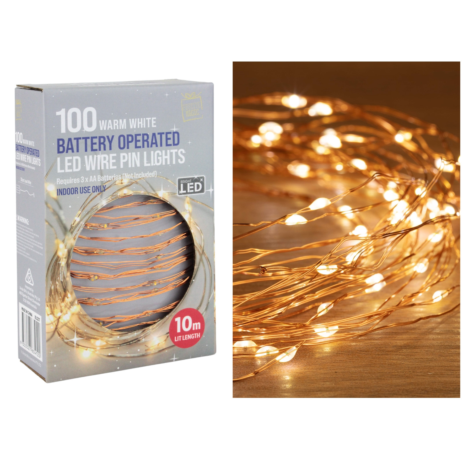 100 Warm White Battery Operated LED Wire Pin String Lights 10m