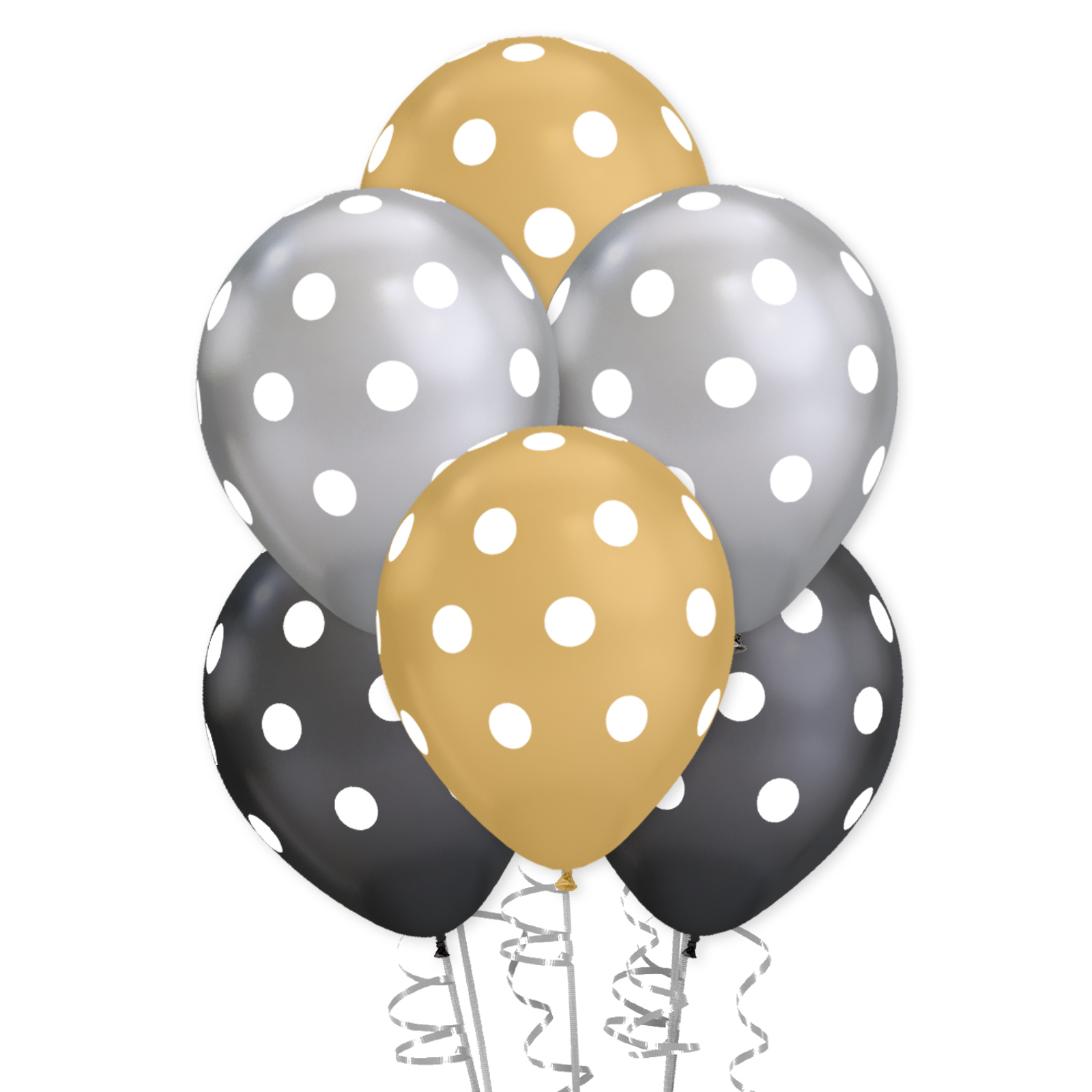 Black Gold and Silver Printed Polkadot Balloons (Pack of 10)