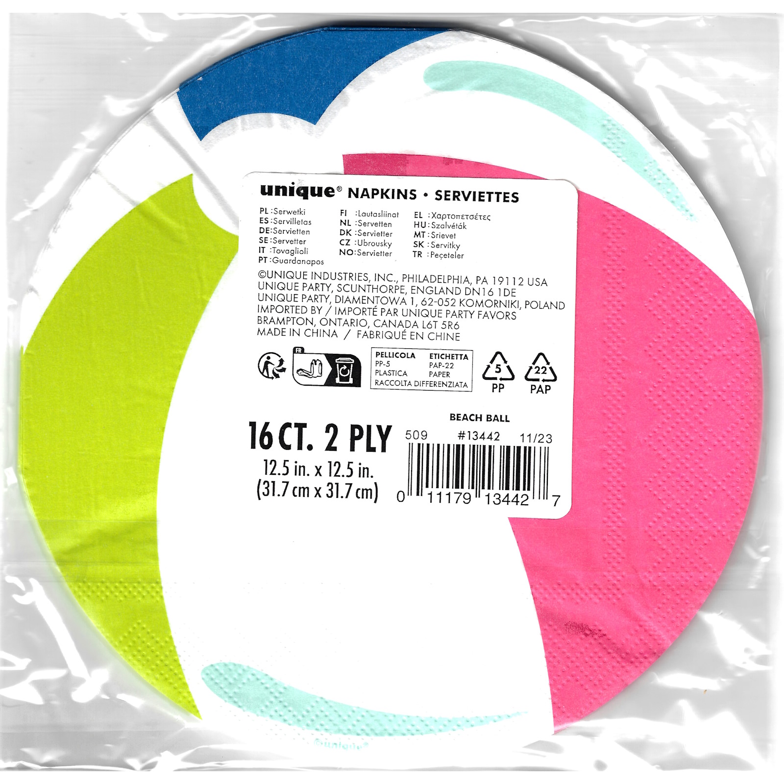 Beach Ball Shaped Napkins / Serviettes (Pack of 16) Pool and Beach