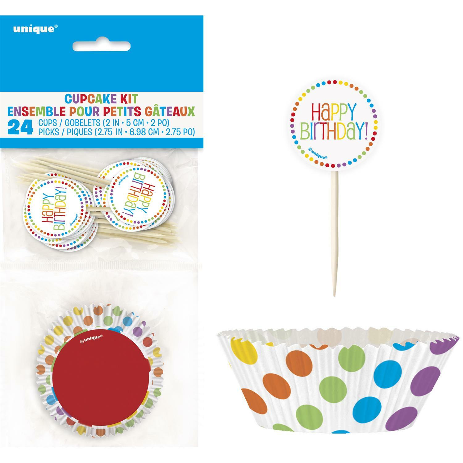 Rainbow Birthday Dots and Stripes Cupcake Kit (Pack of 24)