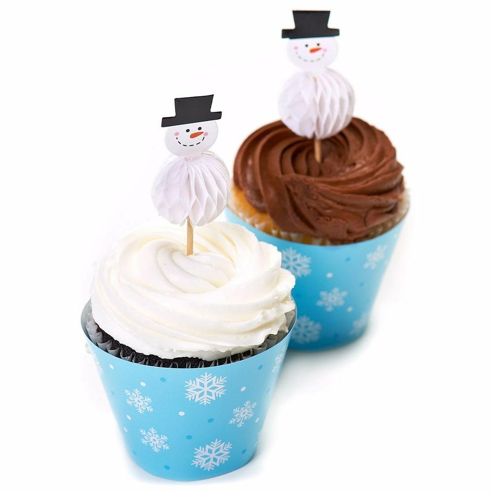 Snowflake Cupcake Wrappers with Snowman Toppers (Pack of 12)