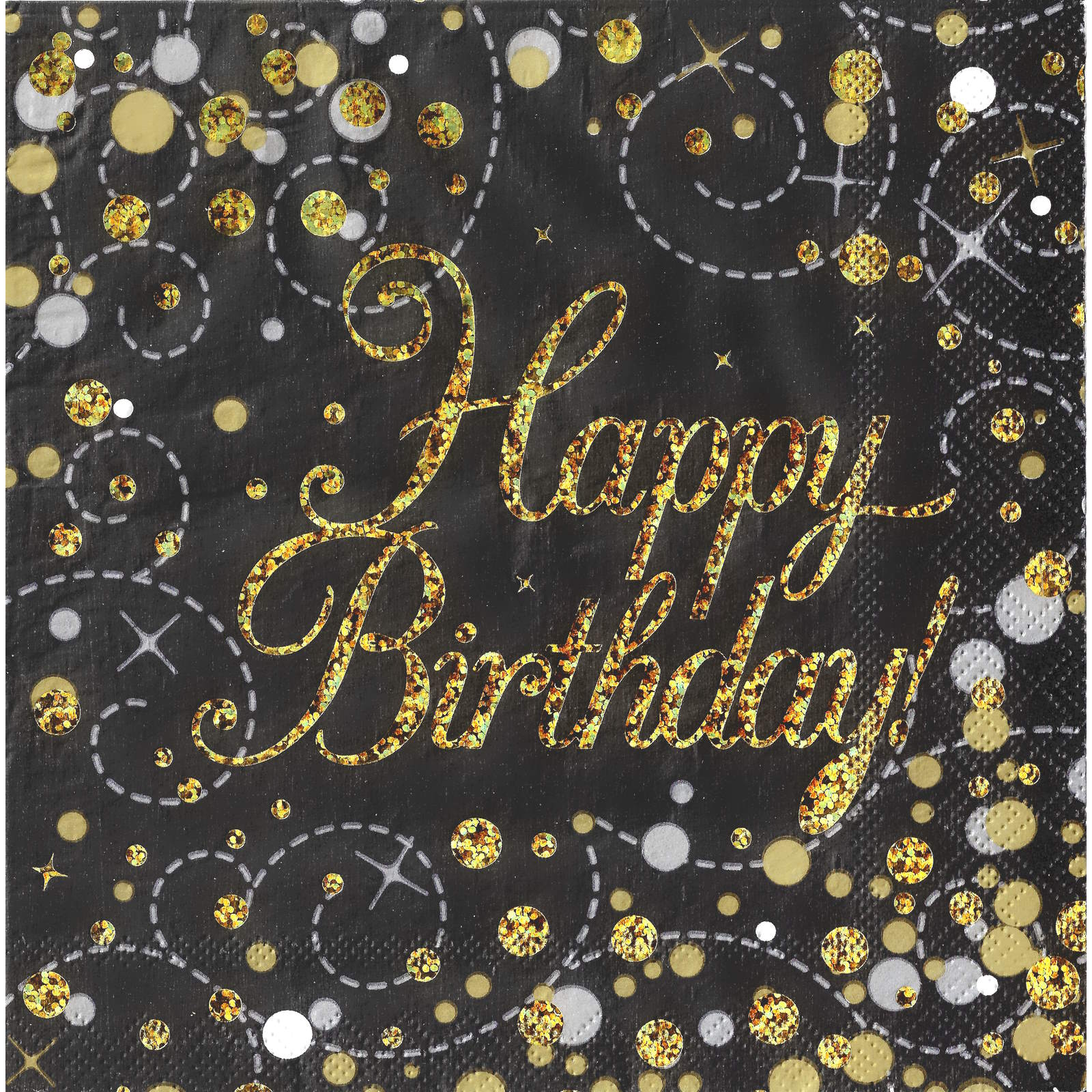 Sparkling Fizz Black and Gold Happy Birthday Holographic Large Napkins / Serviettes (Pack of 16)