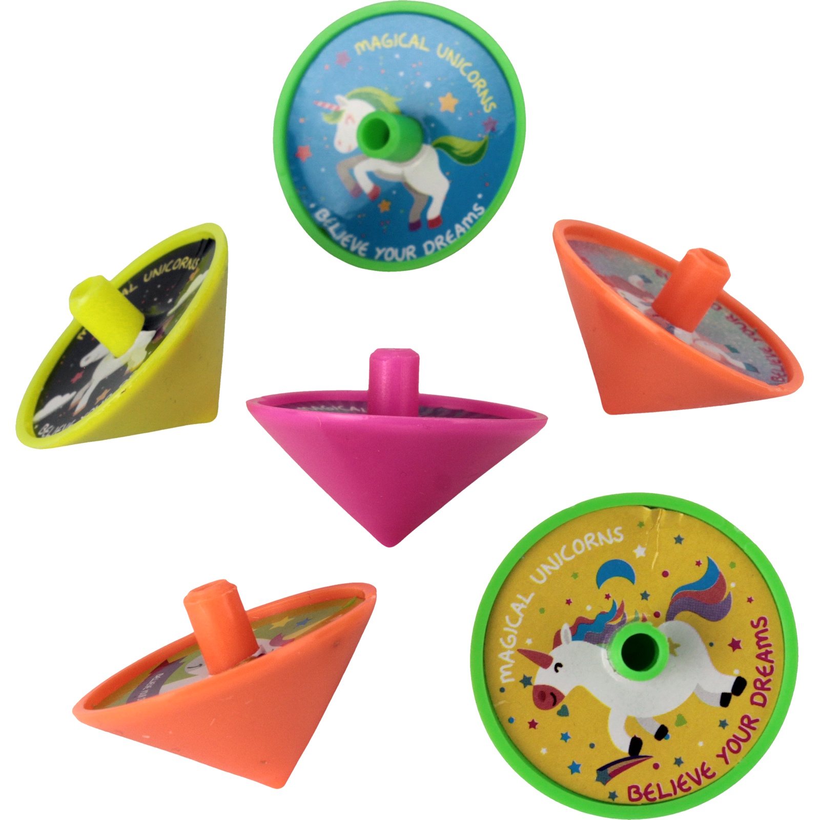 Assorted Coloured Unicorn Spin Tops (Pack of 6)