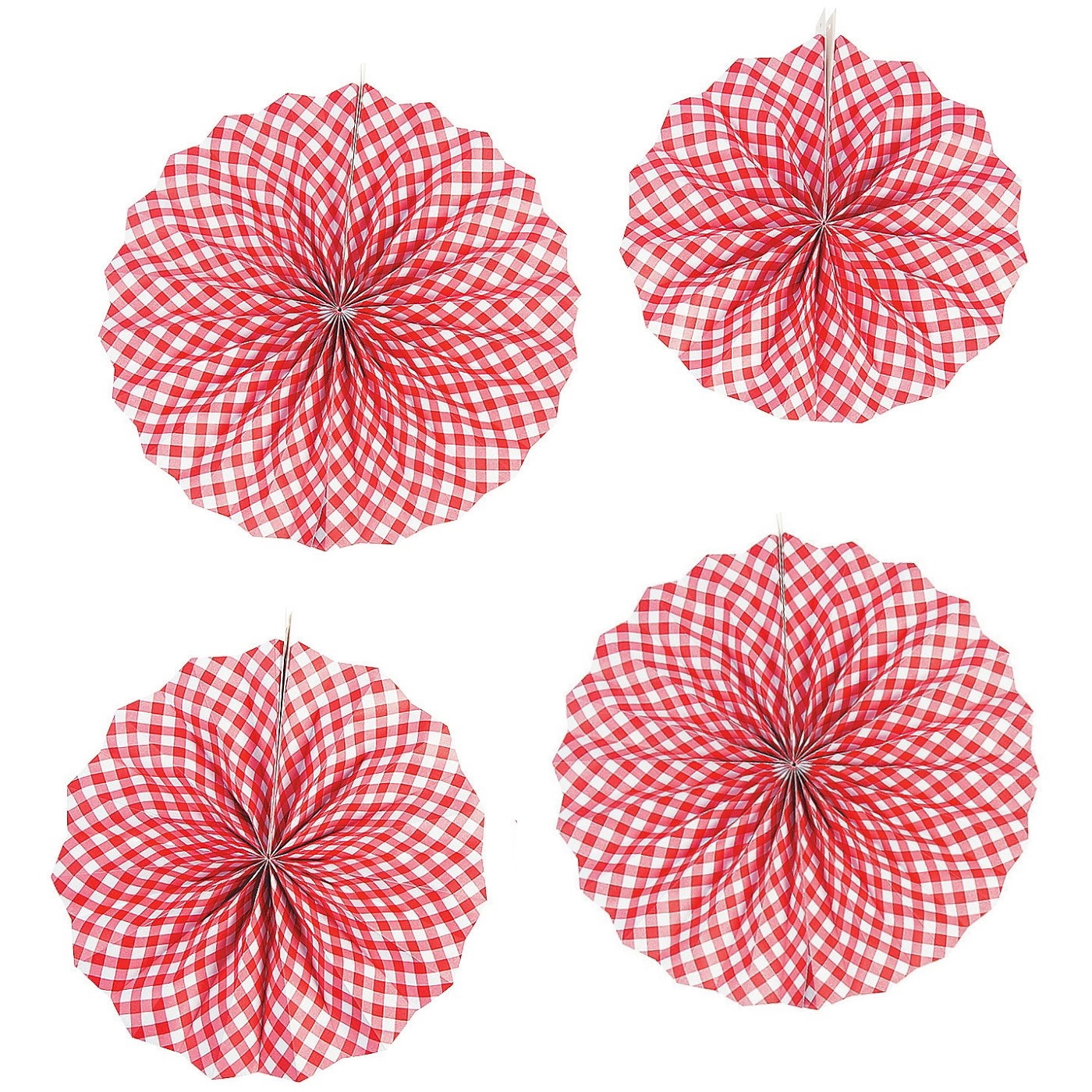 Red Gingham Paper Fan Decorations (Pack of 6)